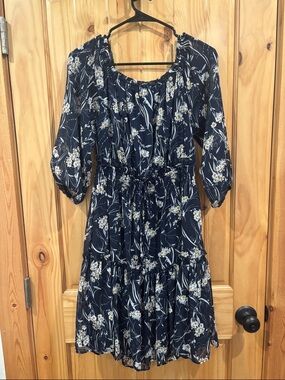 Navy Floral Tiered Midi Dress with Elastic Waist